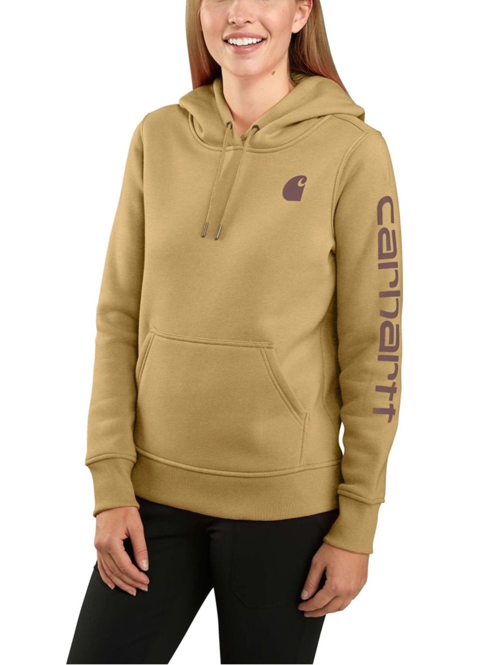 Carhartt Tan Hooded Pullover with Logo Sleeve Women’s Small ICONIC CLARKSBURG